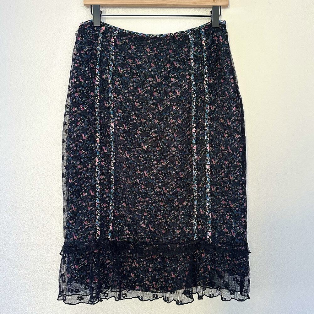 Vintage Karen Millen Black Lace Floral Midi Skirt Size 10 Ruffle Hem Coquette